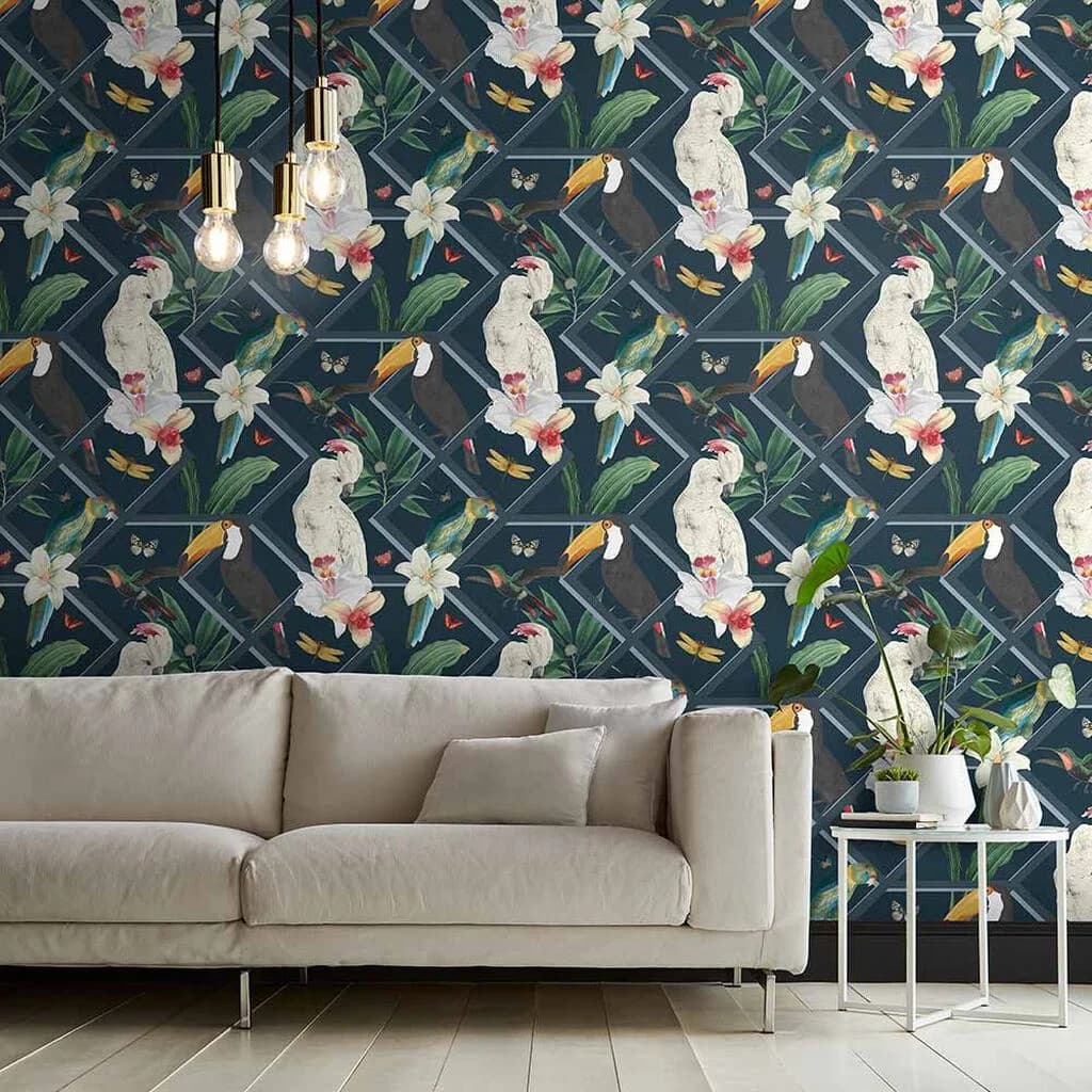 Papel de Colgadura Pájaros, Combinado con Geometría Fondo Azul Marino Rollo de 5,2m²
