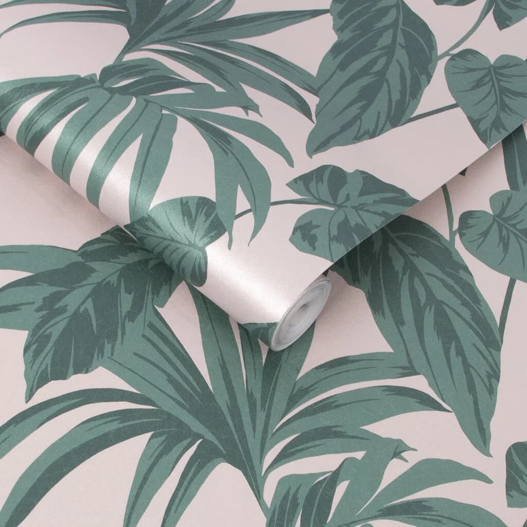 Papel de Colgadura Palmeras Tropicales Fondo Rosado Rollo de 5,2m²