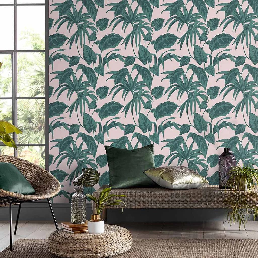 Papel de Colgadura Palmeras Tropicales Fondo Rosado Rollo de 5,2m²